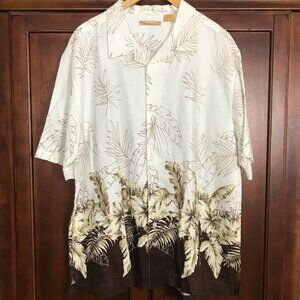 The Havanera Co White Brown Button Front Leaf Print Linen Shirt Men Size XXL